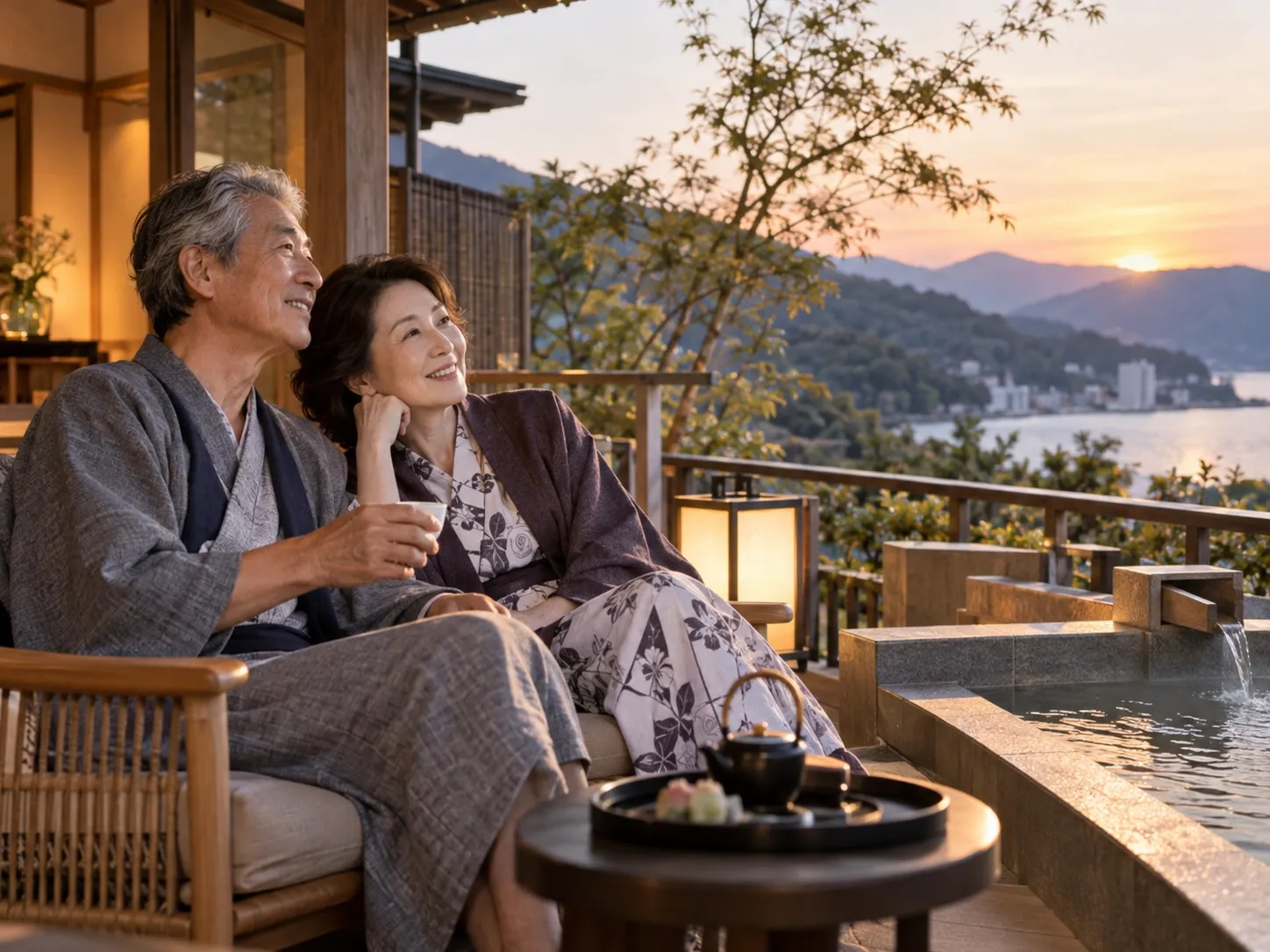 温泉宿のテラスで夕景を眺める夫婦。