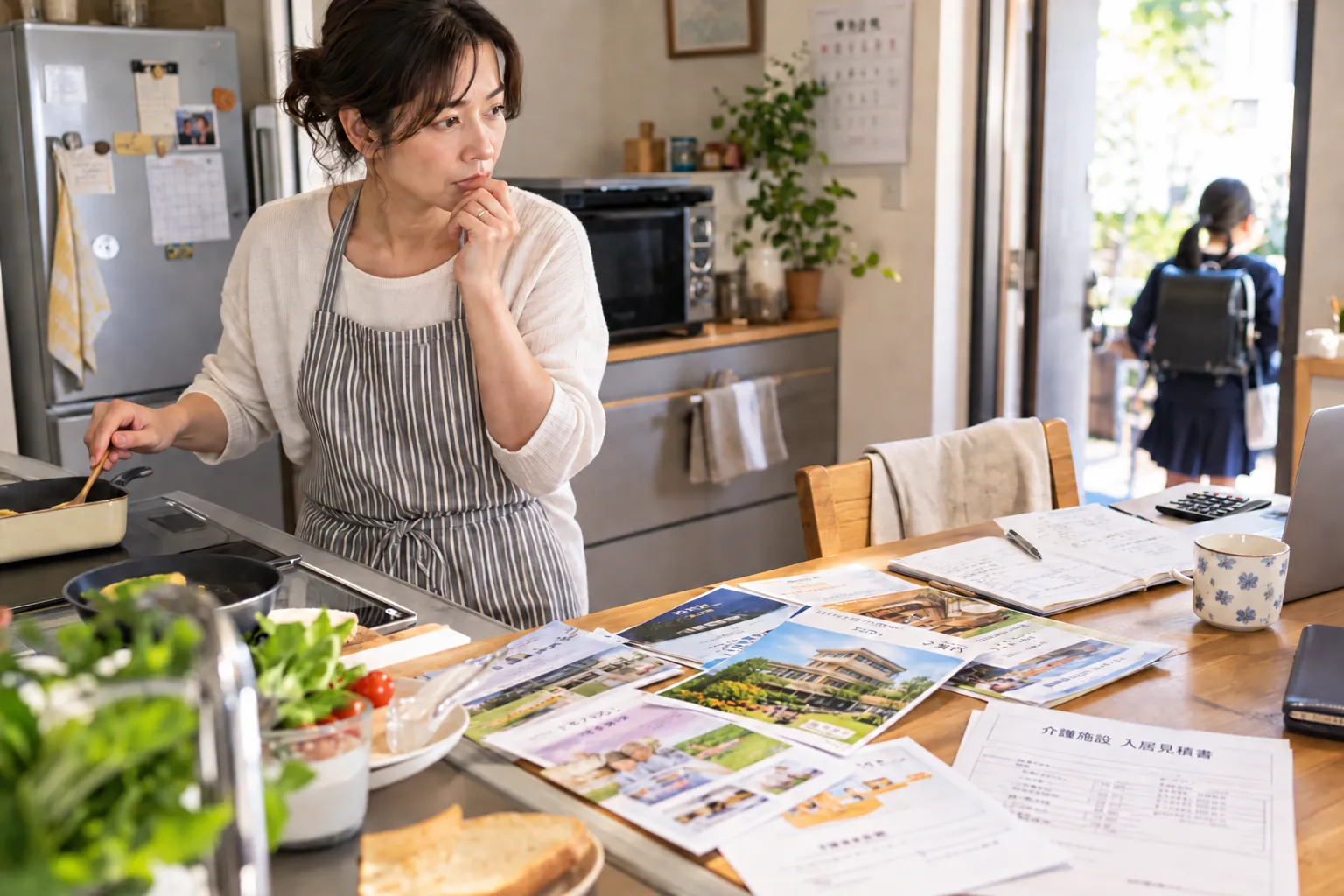 料理をしながら考え込む女性。食卓には介護や住まいの資料が広がっている。