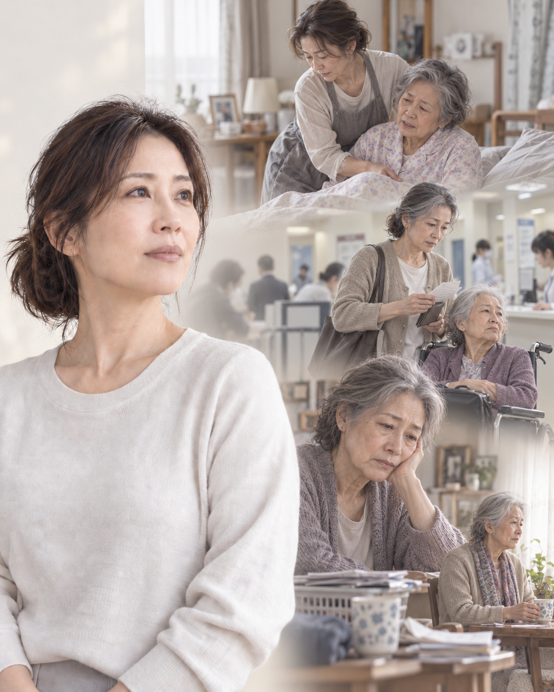 義実家の介護などで自分の時間を取りにくくなった未来を描いた女性のイメージ